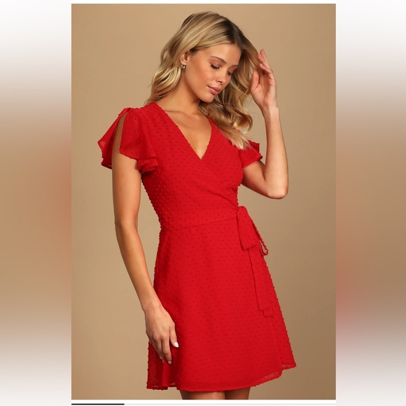 NWOT Lulu’s Much to Celebrate Red Swiss Dot Flutter Sleeve Wrap Mini Dress - Picture 2 of 8